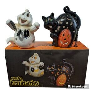 Halloween set of 2 Luminaries Ceramic Black Cat and Ghost 2002 New In Box
